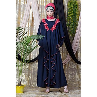 Designer frilled abaya- Navy Blue-Pink